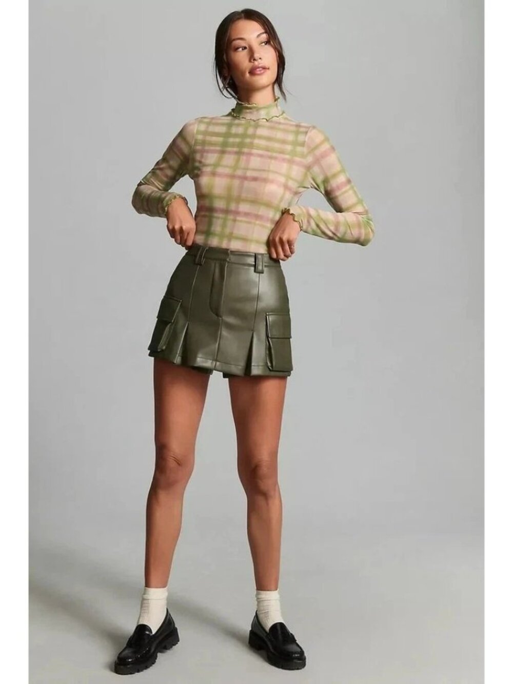 Pilcro Green and Pink Plaid Sheer Mock Neck Top - Picture 10 of 10